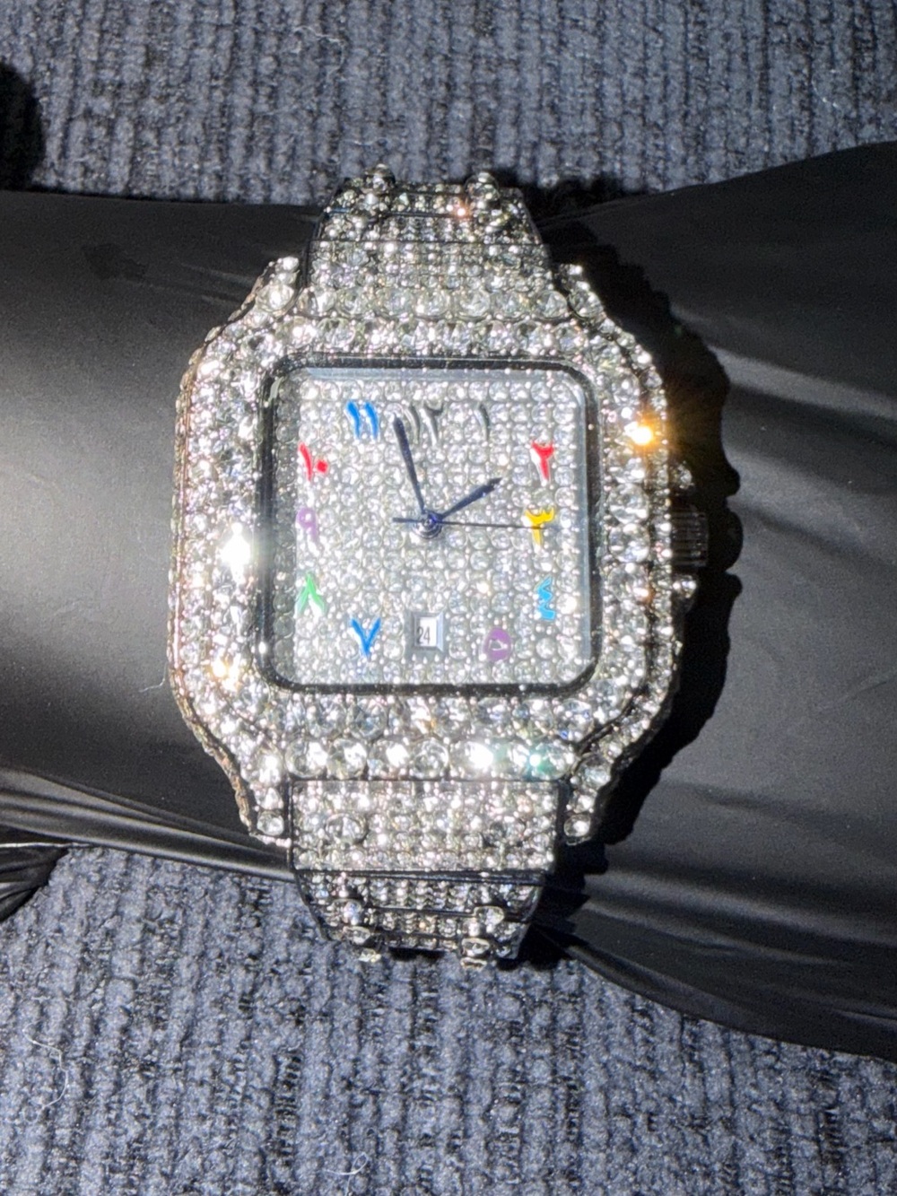 Men's Crystal-Paved Silver Tone Bracelet Watch with Multicolor Dial Accents